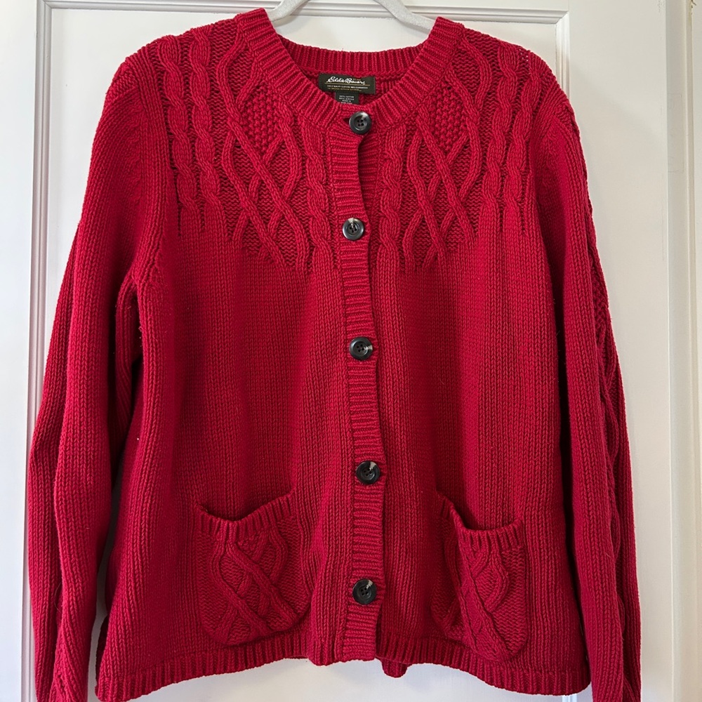 Eddie Bauer Red Cable Knit Cardigan